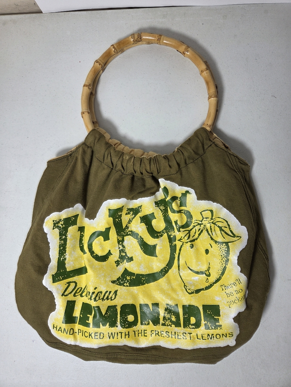 Lucky Brand Green Lucky's LEMONADE Bamboo WOODEN Handle VINTAGE Tote BAG Summer